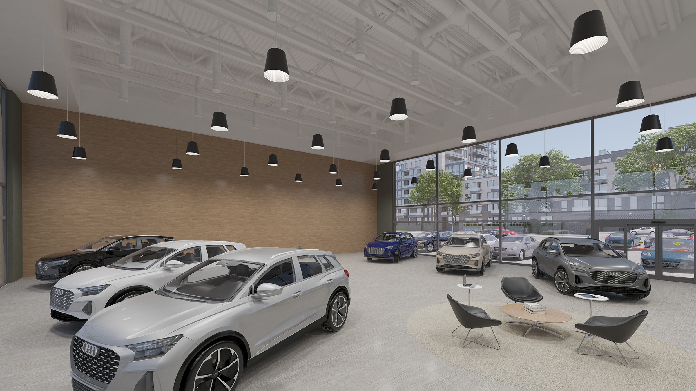 Modern car dealership showroom with bright lighting